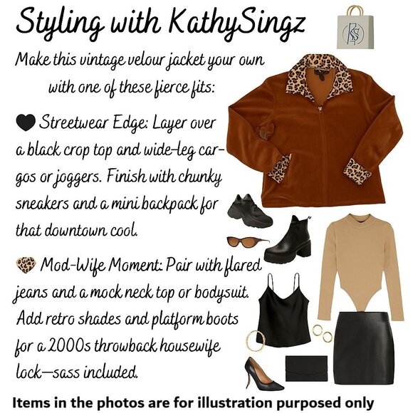 Vintage Y2K Metrostyle Velour Track Jacket Rust Brown Leopard Print Trim Safari - Picture 3 of 8